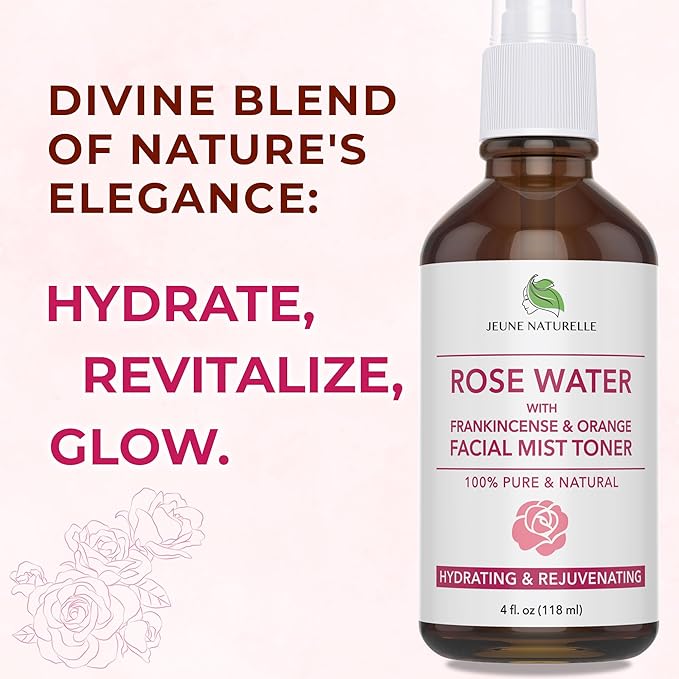 Rose Water Spray for Face - 100% Pure Rosewater with Frankincense & Blood Orange Facial Mist Toner, Alcohol Free, Dye Free, Body Mist & Face Mist - Steam Distillation, 4 oz