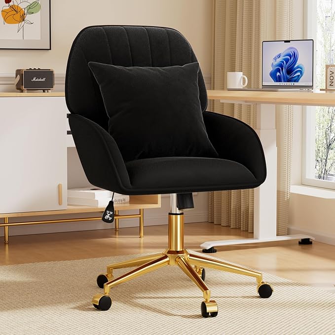 Home Office Desk Chair Comfy with Adjustable Swivel Wheels, Modern Velvet Makeup Vanity Chair with Back & Pillow, Ergonomic Office Chair Computer Task Chair for Living Room, Bedroom, Black