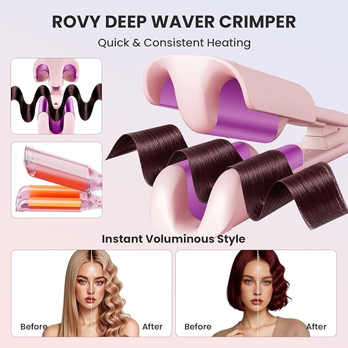 CHIKYO Upgraded 3 Barrel Hair Crimper Waver - 32mm Rovy Wave Curling Iron, 1.25 Inch Ionic Curling Wand, Deep Waver Hair Curler Hot Tool with Ceramic for Women, Dual Voltage, Easy to Use