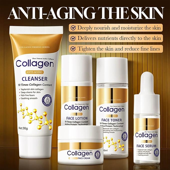 Collagen Skin Care Set - 5 Pcs Anti-Aging Facial Skin Care Sets & Kits for Women, Reduce Wrinkles & Fine Lines, Long-Lasting Oil Control, Firm Skin - With Cleanser, Toner, Serum, Face Cream & Lotion