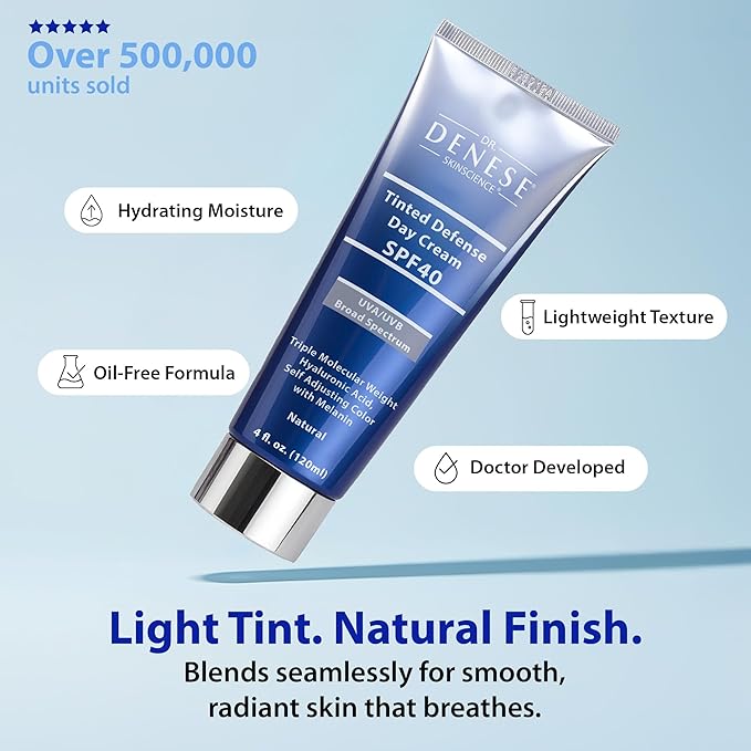 Dr. Denese SPF 40 Defense Day Cream 4 fl oz -Natural Tinted Moisturizer & Daily Sunscreen for Radiant Hydrated Skin–BB Cream with Antioxidants for Smooth Even Tone–Universal Shade for All Skin Types