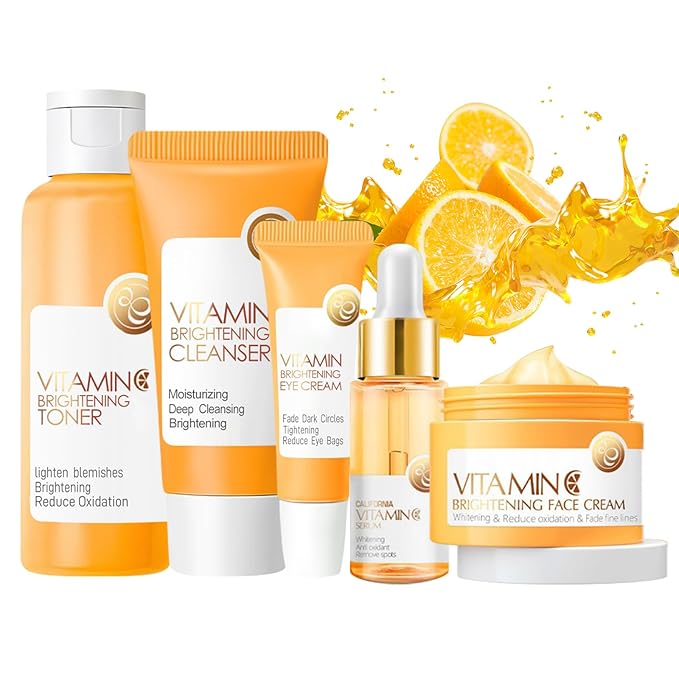 5Pcs Vitamin C Skincare Set, Skin Care for Kids, Skincare Gift Sets with Cleanser, Toner, Serum, Eye Cream, Facial Cream, Skin Care Set for Girls Ages 8-12, Travel Facial Kit for Girls