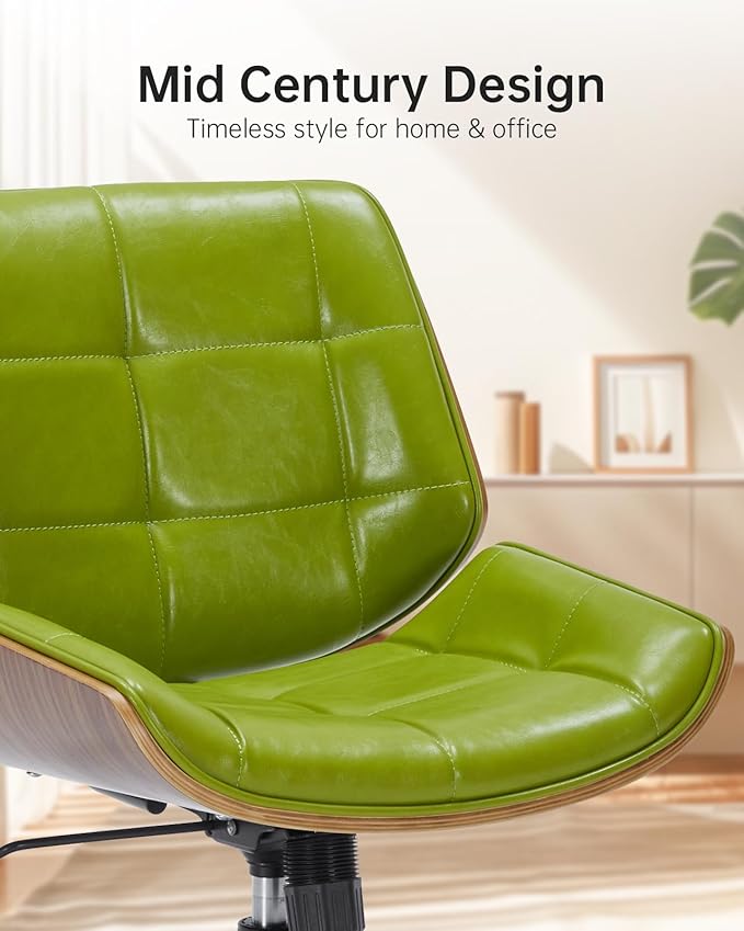 Mid-Century Modern Home Office Chair,Accent Ergonomic Desk Chair with Walnut Finish&PU Leather,Armless Executive Computer Chair with 360° Swivel Rolling Wheels for Vanity, Bedroom&Workspace (Green)