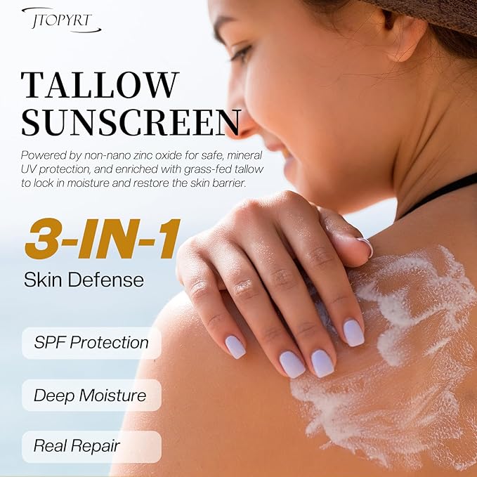 Beef Tallow Sunscreen: Tallow with Zinc Oxide & Beeswax - Natural Moisturizing Protection for Dry Sensitive Skin & All Ages, Non-Greasy Formula 60g