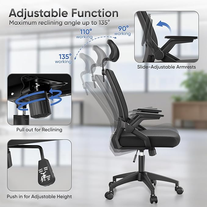 Ergonomic Office Chair, High Back Home Desk Chair & Thickness Seat, Flip-Up Armrest, 135° Reclining Tilt Lock, Mesh Back Office Chairs for Man Woman