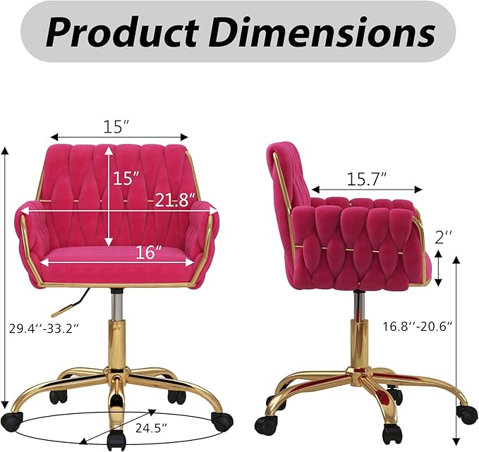 Woven 360°Swivel Desk Chair, Velvet Height Adjustable Home Office Armchair with Golden Base for Teens Women Girls, Upholstery Computer Chair for Home Studios and Office, Woven & Hot Pink