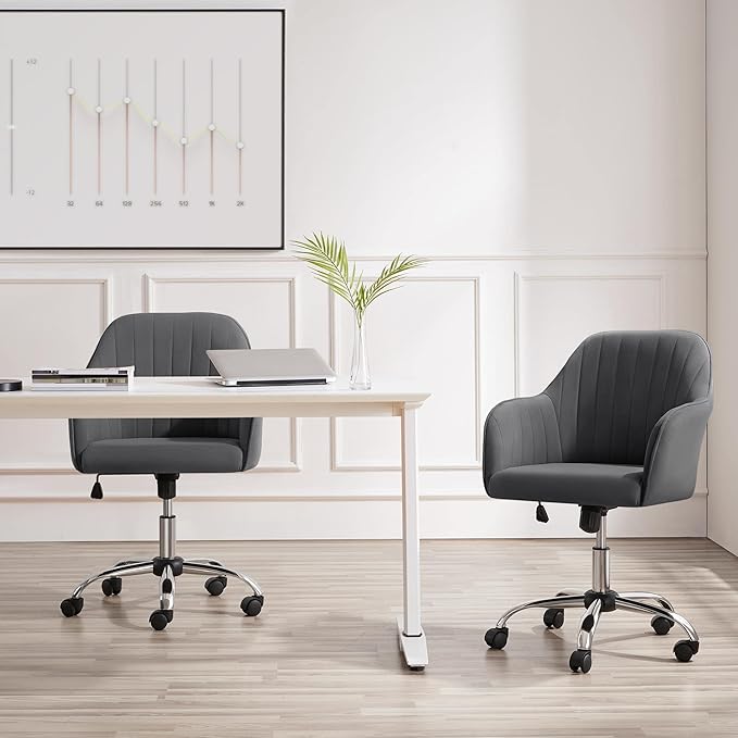 Yaheetech Modern Office Desk Chair Vanity Chair Comfy Upholstered Swivel Rolling Computer Armchair for Makeup Room Living Room Bedroom Dark Gray