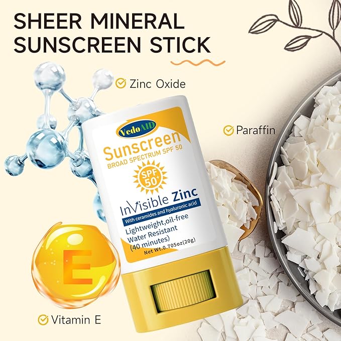 (3pc) VedoAID Invisible Zinc Sunscreen Stick, SPF 50 Broad Spectrum, Water Resistant, Hydrating with Vitamin E, Zinc Oxide, 0.705 oz (Invisible Zinc)