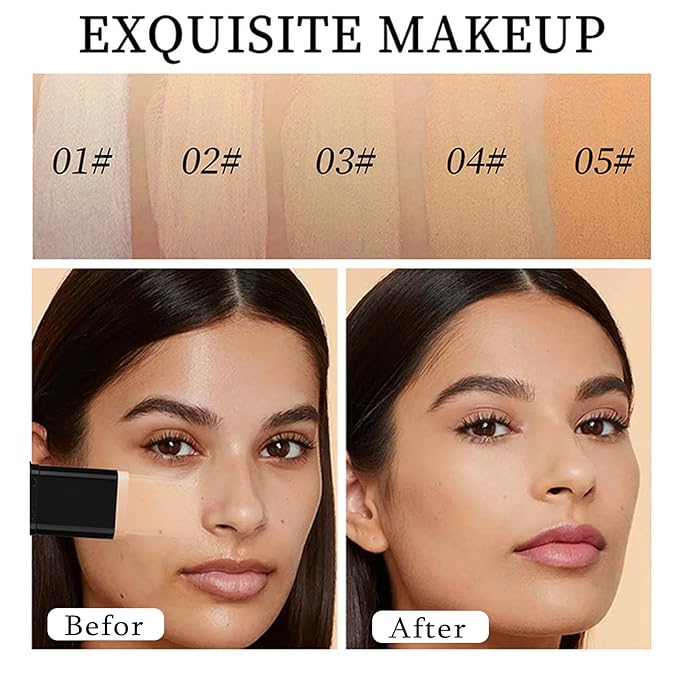 Foundation Stick, 2 in 1 Dual-Ended Long-Lasting Concealer Korean Foundation Contour Stick, Waterproof Contouring foundation with Brush, Full Coverage Matte Finish for Face Makeup(03#LIGHT SKIN)
