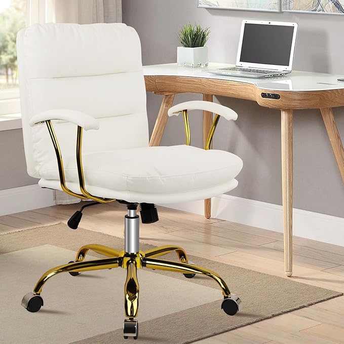 Leather Home Office Desk Chair, Mid-Back Vanity Chair Make Up Chair with Gold Wheels and Armrests, Rolling Swivel Computer Task Chair for Office Bedroom Living Room Girls Women, White, 4 Pack