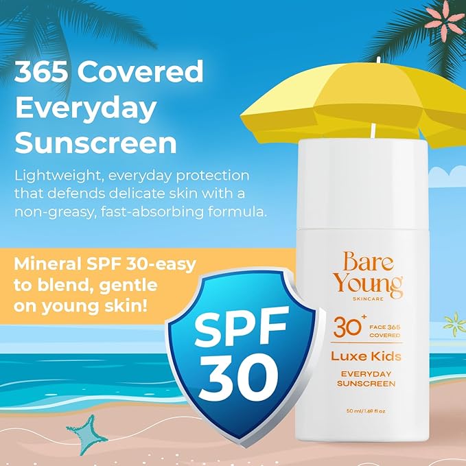 Bare Young 365 Covered Everyday Sun-screen, Zinc Oxide and Titanium Dioxide, Quick-Absorb Facial Sunscreen with No White Cast, Kids SPF 30 Face Sunscreen, Vegan Plant-Based Skincare for kids
