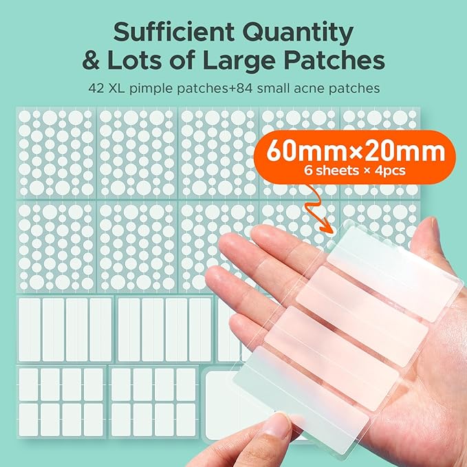 TKTK Large Pimple Patches for Face, 7 Sizes XL Acne Patches, Big Hydrocolloid Bandages for Body, Chin, Forehead, Chest, Back Zit Breakouts, Hydrocolloid Patch (Strip, Square, Dot 472 Count)