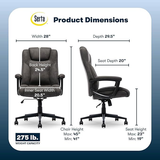 Serta Comfort Eco Office Chair, Ergonomic Mid-Back with Lumbar Support, Semi-Plush Seat Cushion and Layered Body Pillows, Padded Armrests, Metal Swivel Base, Soft Velvet Fabric, Brown