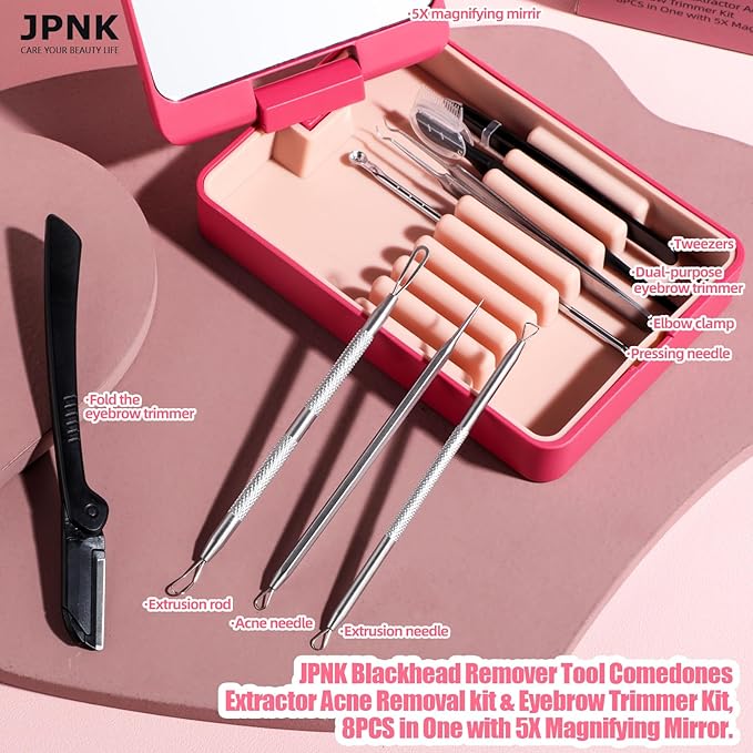 JPNK Blackhead Remover Tool Comedones Extractor Acne Removal kit & Eyebrow Trimmer Kit, 8PCS in One with 5X Magnifying Mirror (Silver)