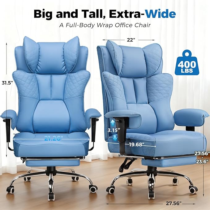 GTPLAYER Big and Tall Office Chair 400LBS Wide Ergonomic Gaming Chair with Deluxe Embossing Designed Leather with Foot Rest,150°Reclining Adjustable Soft Armrests Pocket Spring Back Support and Pillow