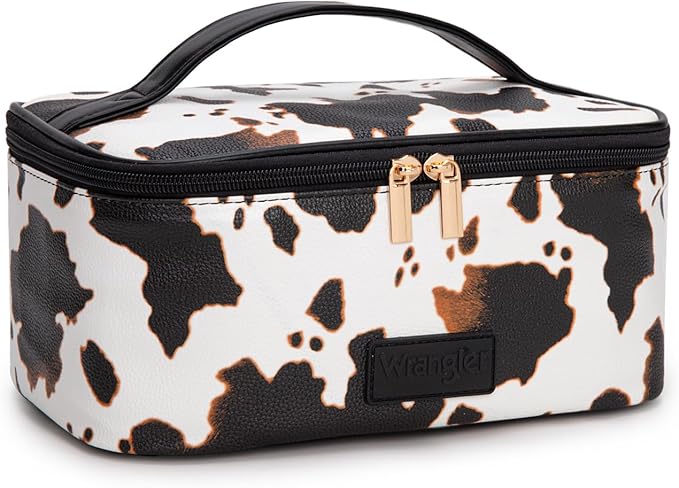 Montana West X Wrangler Travel Makeup Bag 2pcs Set Large Cosmetic Bag with Makeup Brush Holder Portable Make Up Organizer Cute Toiletry Bag with Divider and Handle for Women