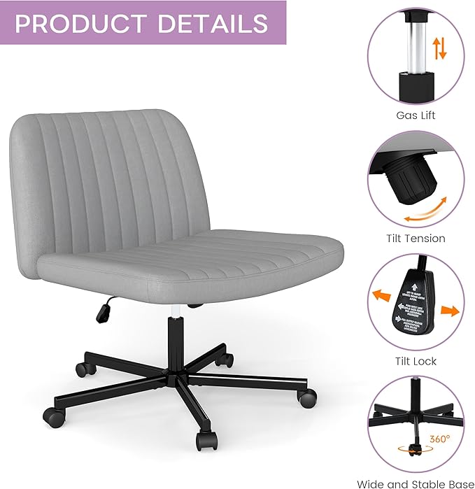 Criss Cross Chair, Extra Wide Armless Rolling Office Desk Chair with Wheels, Plus Size Viral Vanity Legged Chair, Bedroom, Grey