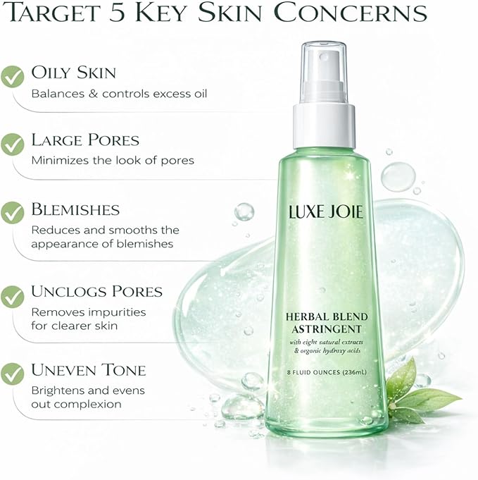 LuxeJoie Astringent Toner Spray – Witch Hazel & Willow Bark Facial Toner for Oily & Combination Skin – Botanical Pore Refining Toner Mist – Herbal Blend Astringent for Oil Control – 8 oz