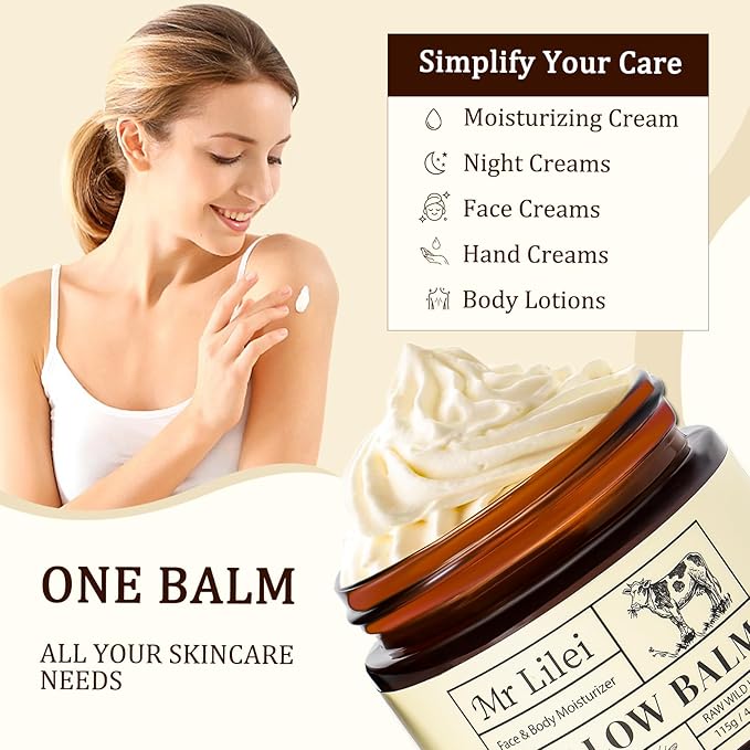 Organic Grass-Fed Beef Tallow Balm with Raw Honey - Face & Body Moisturizer - Natural Whipped Skin Care Cream for Dry Skin- Hydrating Body Lotion for Nourishment (Unscented, 115g/4.06oz)