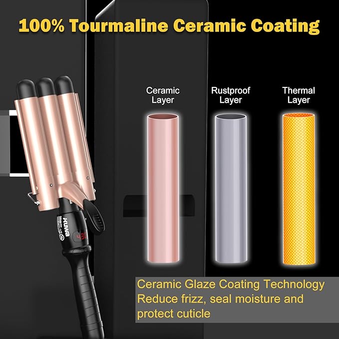 kuwa Crimper Hair Tool, 15 Variable Temperature with LCD Display Hair Crimper, Waver Hair Tool,3 Barrel Curling Iron, hairCrimper for Women,Long-Lasting Natural Tight Waves