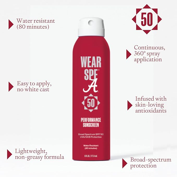 University of Alabama Crimson Tide WearSPF 50 Performance Sport Sunscreen Spray, 6 Fl oz.