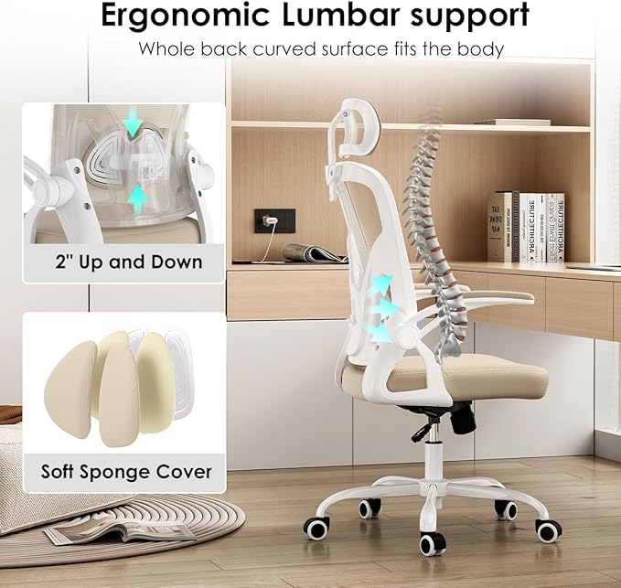 Farini Ergonomic Office Chair, Home Office Desk Chair with Headrest, High Back Swivel Computer Chair with Armrests and Adjustable Lumbar Support for Home Office Study Room, White & Khaki