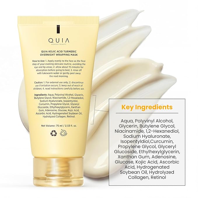 QUIA Turmeric + Kojic Acid Overnight Wrapping Mask – Hydration Mask for Glowing Skin – Evens Tone, Soothes Redness and Improves Skin Texture – Korean Skincare 75ML