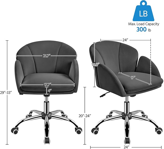 Yaheetech Cute Velvet Desk Chair Makeup Vanity Chair with Wheels for Bedroom Modern Swivel Rolling Chair for Home Office Dark Gray