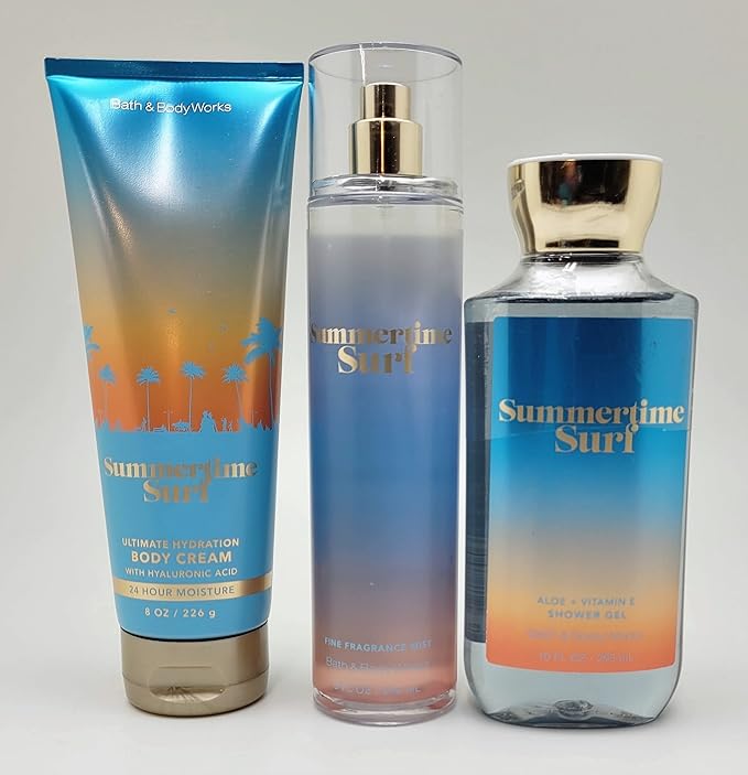 Bath & Body Works – Summertime Surf - 3 pc Bundle - Fine Fragrance Mist, Ultimate Hydration Body Cream and Shower Gel - Winter 2021