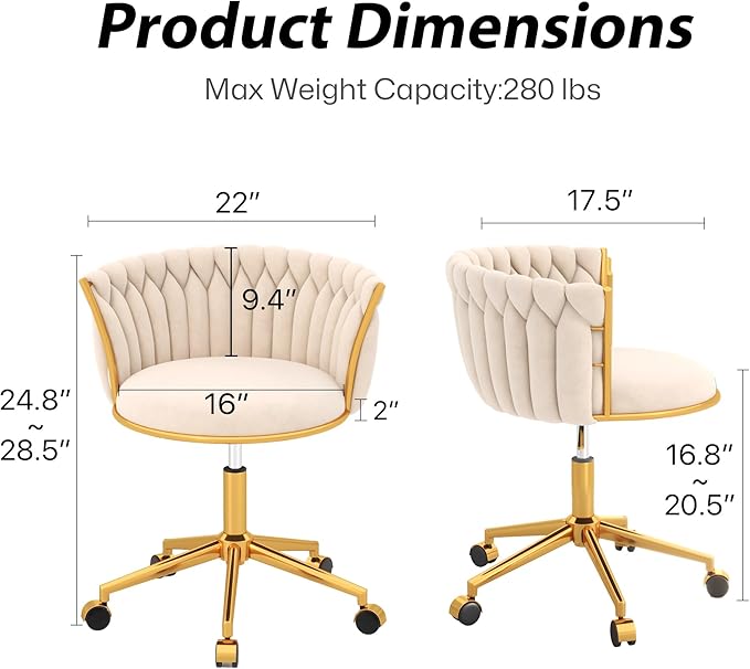 Velvet Woven Home Office Chair, Modern Swivel Desk Chair with Wheels, Height Adjustable Vanity Chair with Gold Metal Base and Hand Weaving Back, Beige