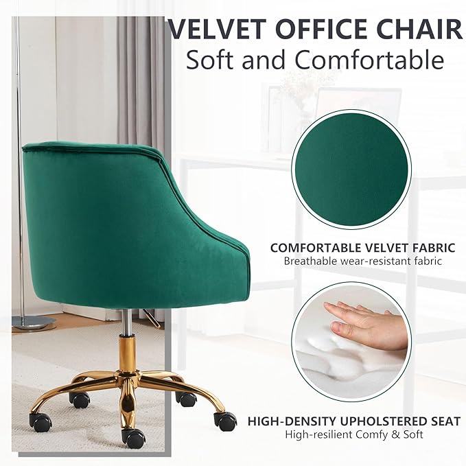 MOJAY Velvet Office Swivel Chair, Vanity Fabric Desk Pretty Fancy Gold Office Chairs for Girls, 360°Swivel Height Adjustable Reception Chair (Green)