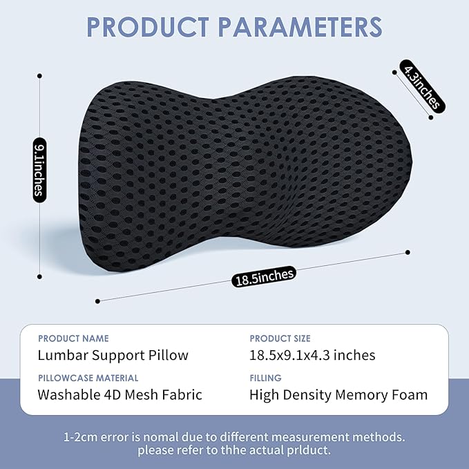Lumbar Support Pillow Ergonomic Memory Foam Lumbar Pillow, Relieve Back Pain, CMFY Breathable & Detachable & Washable, Neo Cushion Lower Back Pillow for Office Chairs, Car Seats (Black)