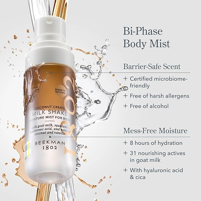Beekman 1802 Head to Toe Milk Shake Bundle For Face, Body, and Hair - Includes Hyaluronic Acid Toner Face Mist, Hydrating Jojoba Oil Body Mist in Coconut, and Milk Therapy Brazilian Peptide Leave In