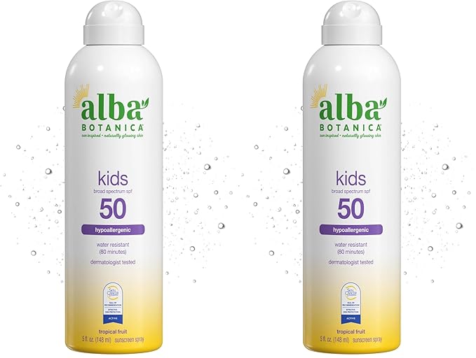 Alba Botanica Kids Sunscreen Spray for Face and Body, Tropical Fruit, Broad Spectrum SPF 50, Water Resistant, 5 fl. oz. Bottle (Pack of 2)