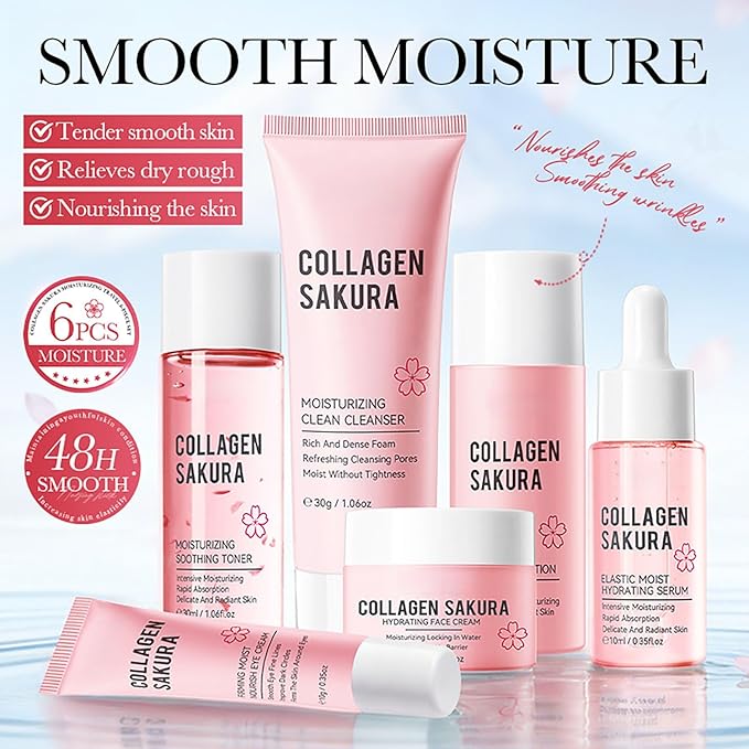 Collagen Sakura Skin Care Set with Cleanser, Toner, Lotion, Serum, Eye Cream, Face Cream Travel Kit Skincare Gift Set for Women Teen Girls, Moisturizes Skin & Boosts Collagen, Hydrating