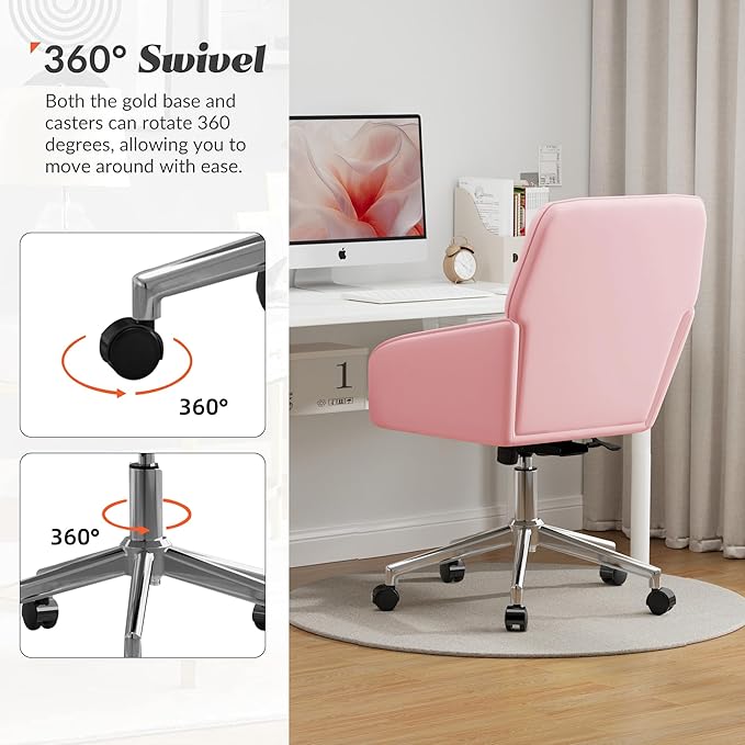 YISHENG Velvet Office Desk Chair with Silver Base, with Wheels,Modern Height Adjustable 360 Degree Swivel Upholstered Vanity Chairs with Arms for Living Room Bedroom,Pink