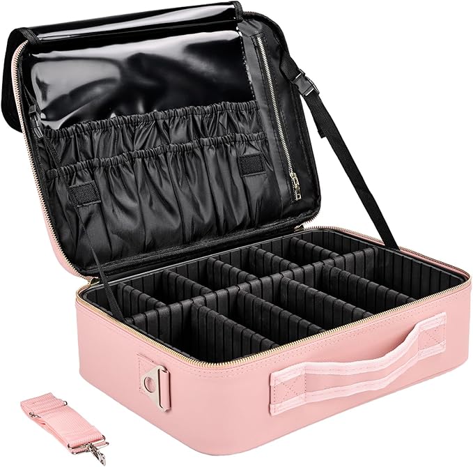 Travel Makeup Bag with Brush Holder, Professional Cosmetic Train Case Organizer, Portable Travel Makeup Brush Carry Case Artist Storage Box with Adjustable Dividers and Shoulder Strap, Leather Pink