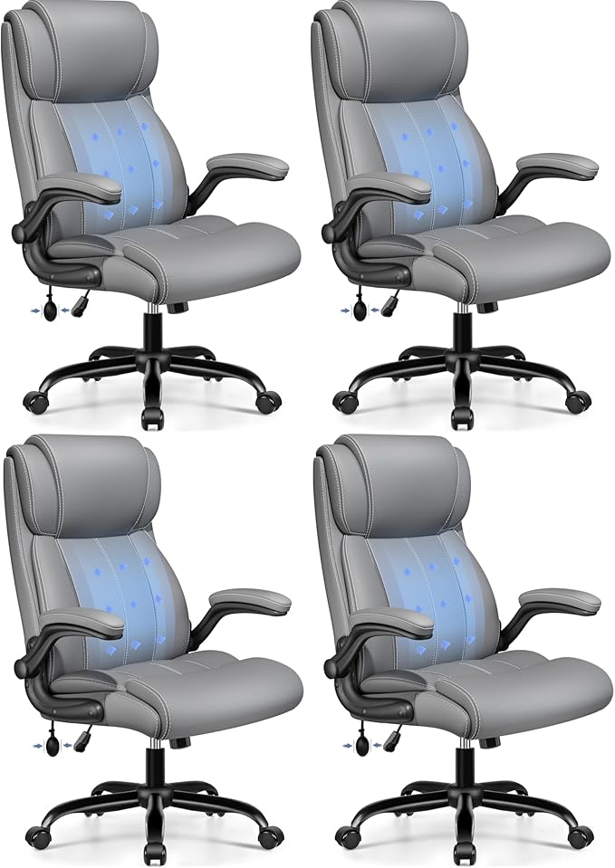 Ergonomic Office Chair - Desk Computer Chair, Leather High Back Executive Chairs with Adjustable Lumbar Support for Adults, Rolling Swivel Tilt, Gray 4 Pack