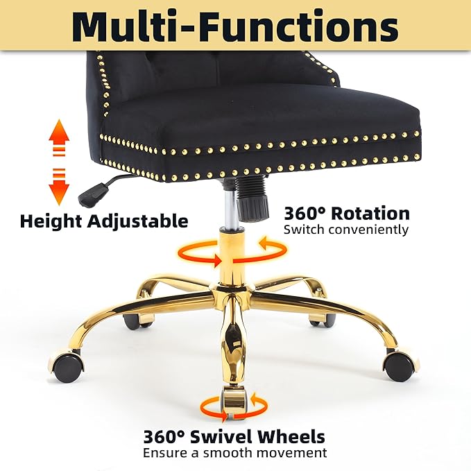 Velvet Desk Chair with Wheels, Gold Office Chair Armless Swivel Chair with Tufted High Back Rivet Trim, Comfy Upholstered Ergonomic Computer Chair for Bedroom, Black