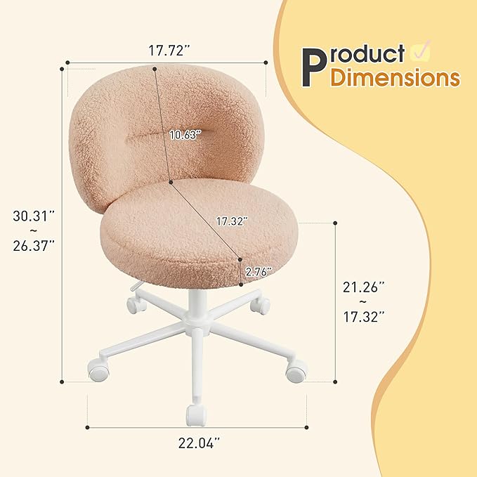 Small Round Vanity Chair with Back, Armless Home Office Desk Chairs, Height Adjustable & 360° Swivel, Cute Comfy Vanity Computer Chair for Bedroom, Home Office, Yellow