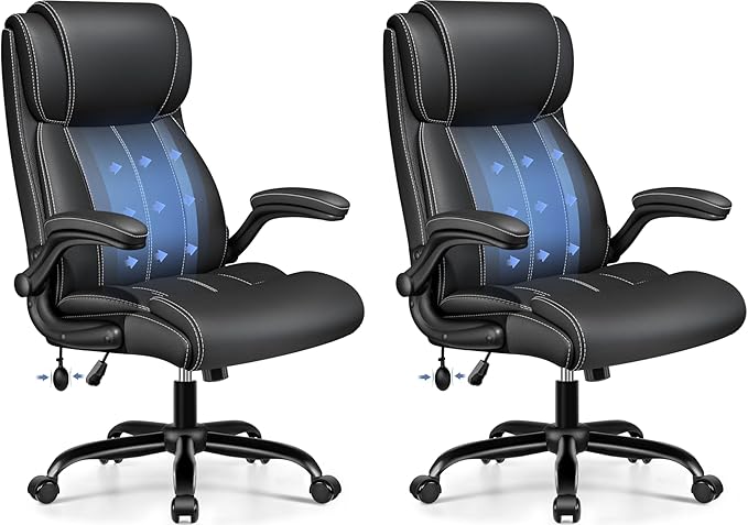 Ergonomic Office Chair, High Back Executive Leather Computer Desk Chair with Adjustable Lumbar Support & Flip-Up Arms, Heavy Duty Swivel Task Chair for Home Office, Black 2 Pack