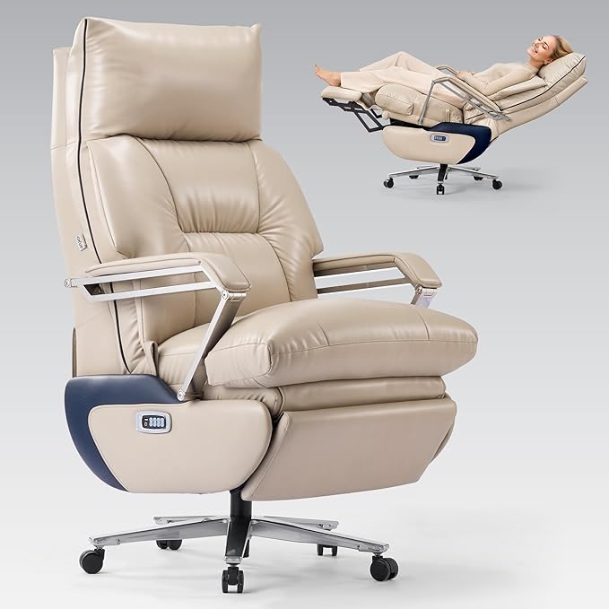 M80A Dual Motor Electric Executive Office Chair with Footrest, Comfortable Reclining Office Chair Wide Seat, Big and Tall Ergonomic Leather Home Office Desk Chair (Beige,Multi-Functionality)