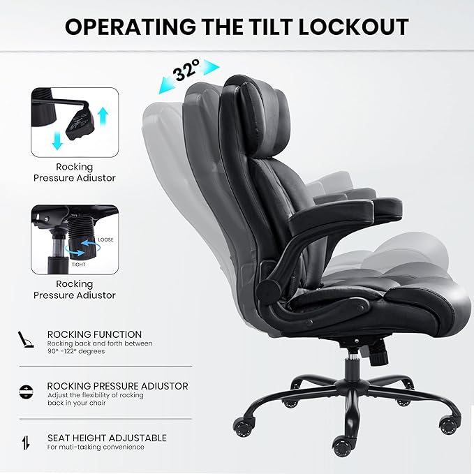 500lbs Big and Tall Office Chair Adjustable Lumbar Support for Back Pain, Extra Wide Seat Executive Office Chair Thick Armrest Pad, Heavy Duty Base&Upgraded Wheels, Ergonomic Comfy Computer Desk Chair