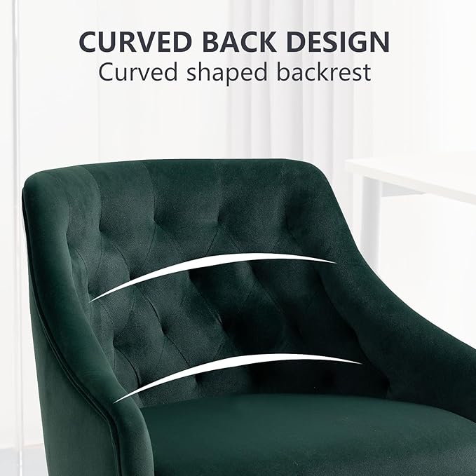 MOJAY Velvet Office Swivel Chair, Vanity Fabric Desk Pretty Fancy Gold Office Chairs for Girls, 360°Swivel Height Adjustable Reception Chair (DarkGreen)