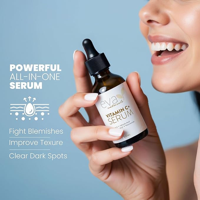 Eva Naturals Vitamin C Serum Plus – Facial Serum with Hyaluronic Acid, Niacinamide, Retinol, and Salicylic Acid – Hydrating and Smoothing Skin Formula – 2 oz