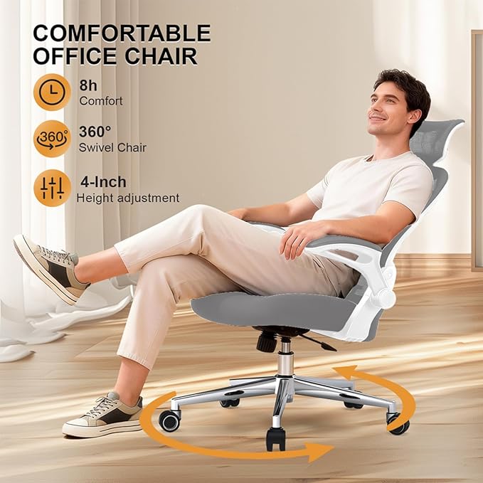 Office Chair, Ergonomic Breathable Mesh Chair,Flip-Up Arms and Adjustable High Back Lumbar Support,Comfy Computer Chair for Home Office (Grey, 407)