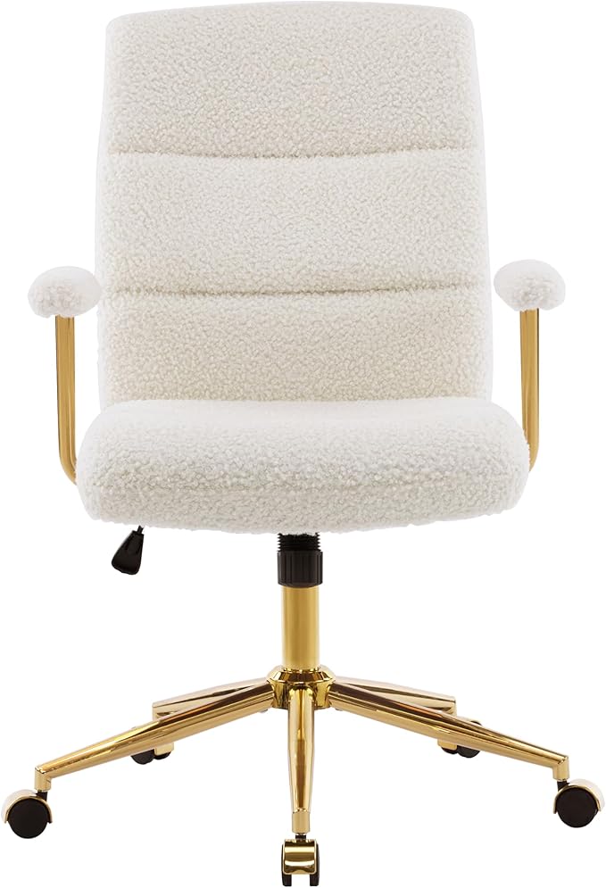 Elegant White and Gold Fuzzy Office Chair with Textured Boucle Fabric, Modern Desk Chair with Padded Seat, Height Adjustable with Durable Gold Base