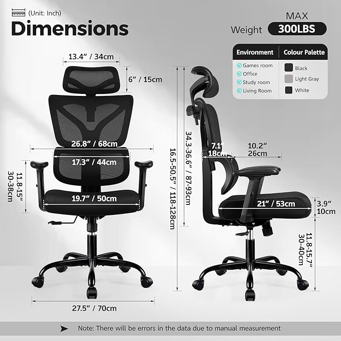 Ergonomic Office Chair High Back Desk Chair with Lumbar Support, Breathable Mesh Computer Chair with Adjustable Armrests Height, Reclining Big and Tall Gaming Chair for Home Office, (Black 2Pack