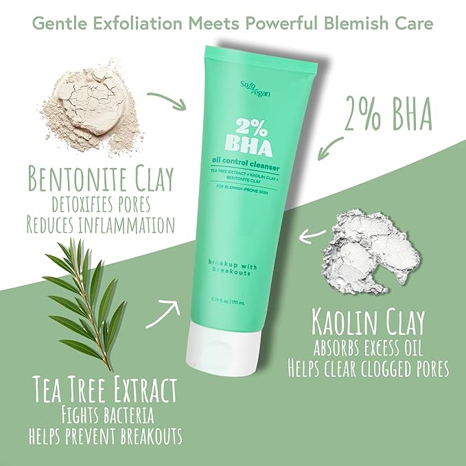 SoloVegan BHA Gel Cleanser | Lightweight, Vegan Korean Skincare for Oily, Acne-Prone Skin (Cleansing Gel, 5.74 fl.oz)