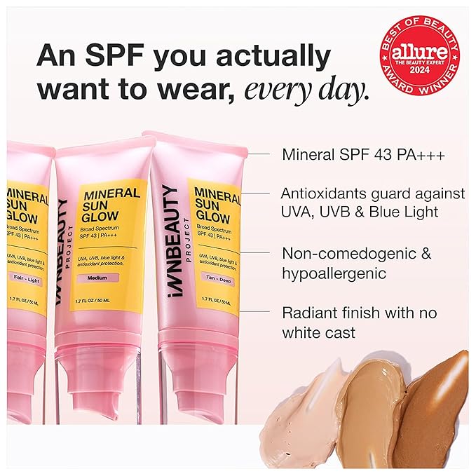 INNBEAUTY PROJECT Mineral Sun Glow Broad Spectrum Sunscreen SPF 43 PA+++ with Peptides, Medium Tint, 1.7 OZ (50ml)